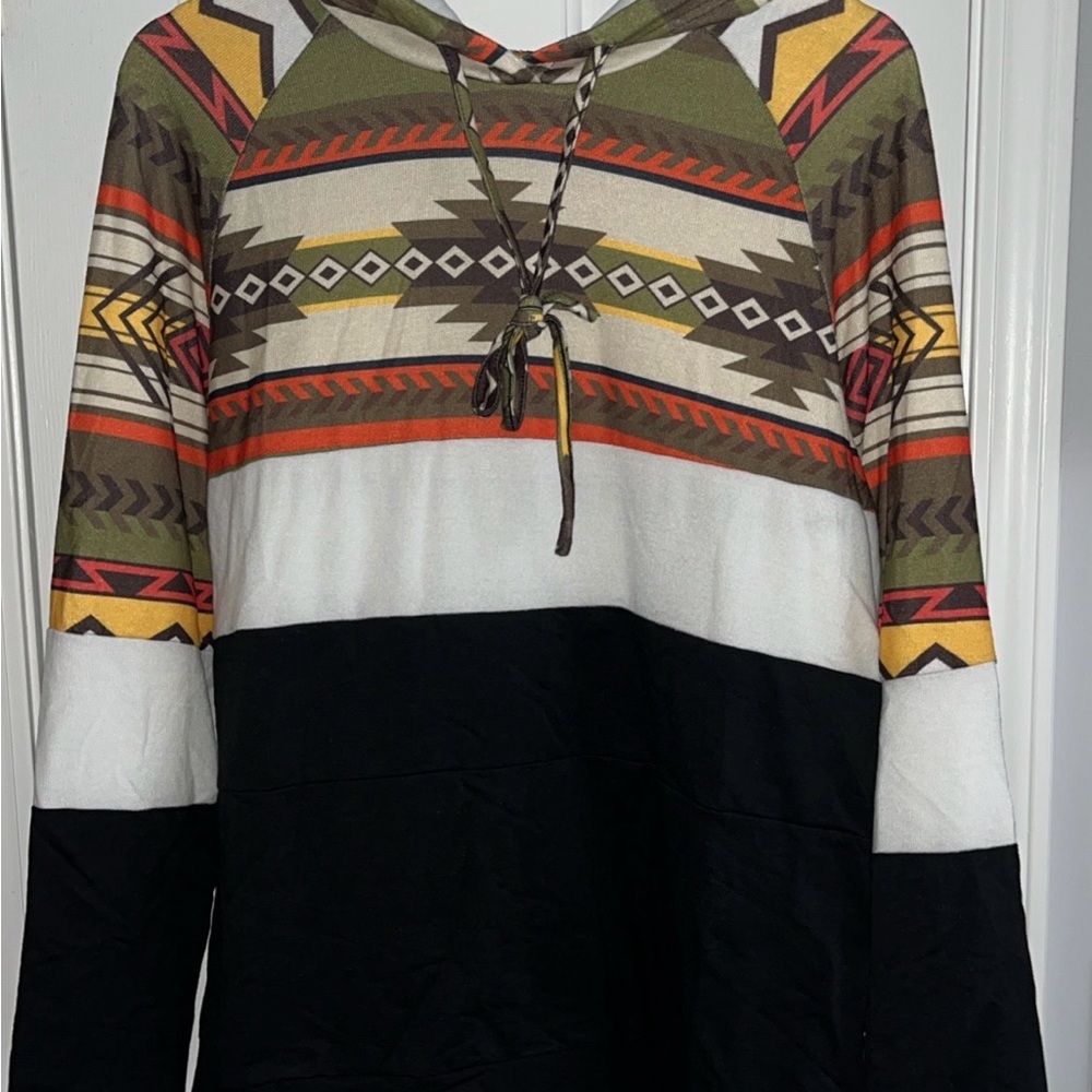 Tribal Print Hoodie with Black and White Stripes